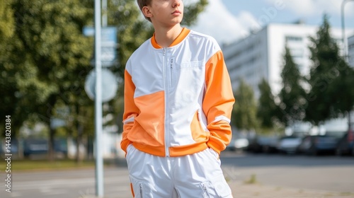 Young person wearing orange and white tracksuit outdoors