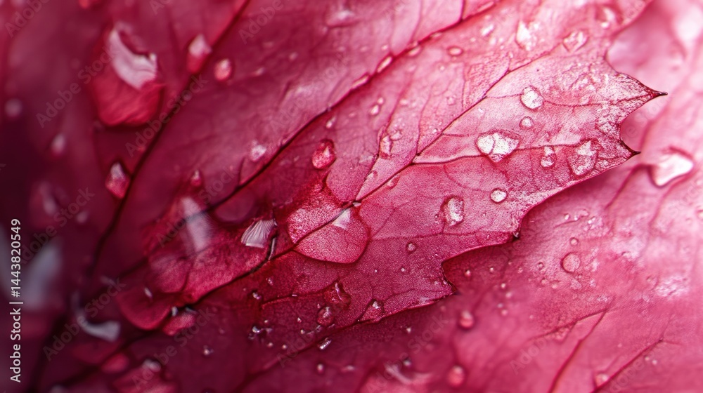 Fototapeta premium Close-up view of a vibrant magenta leaf covered in water droplets
