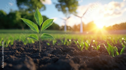 Obraz na płótnie Young plant growing in field renewable energy concept w salonie