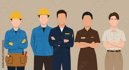 Group of People Standing Wearing Different Uniforms Illustration