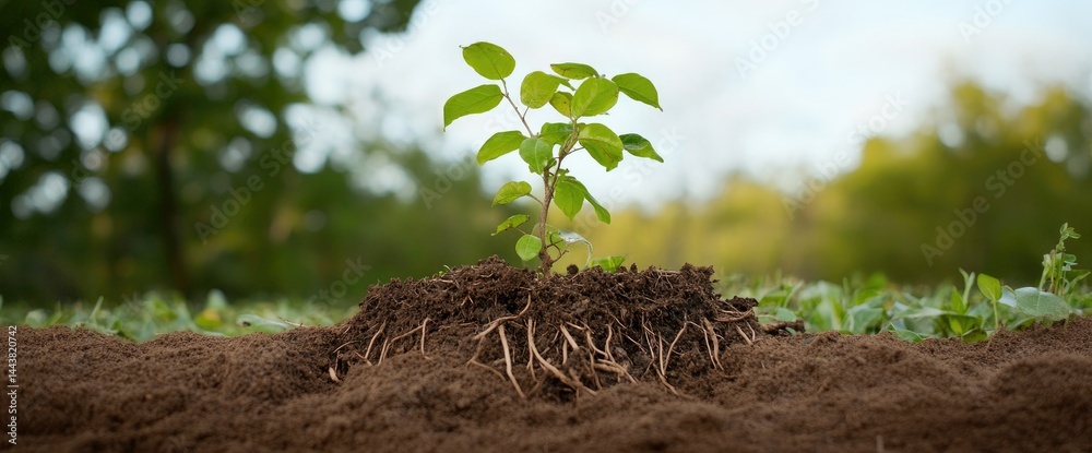 Young plant with roots exposed in soil illustrating growth and new life