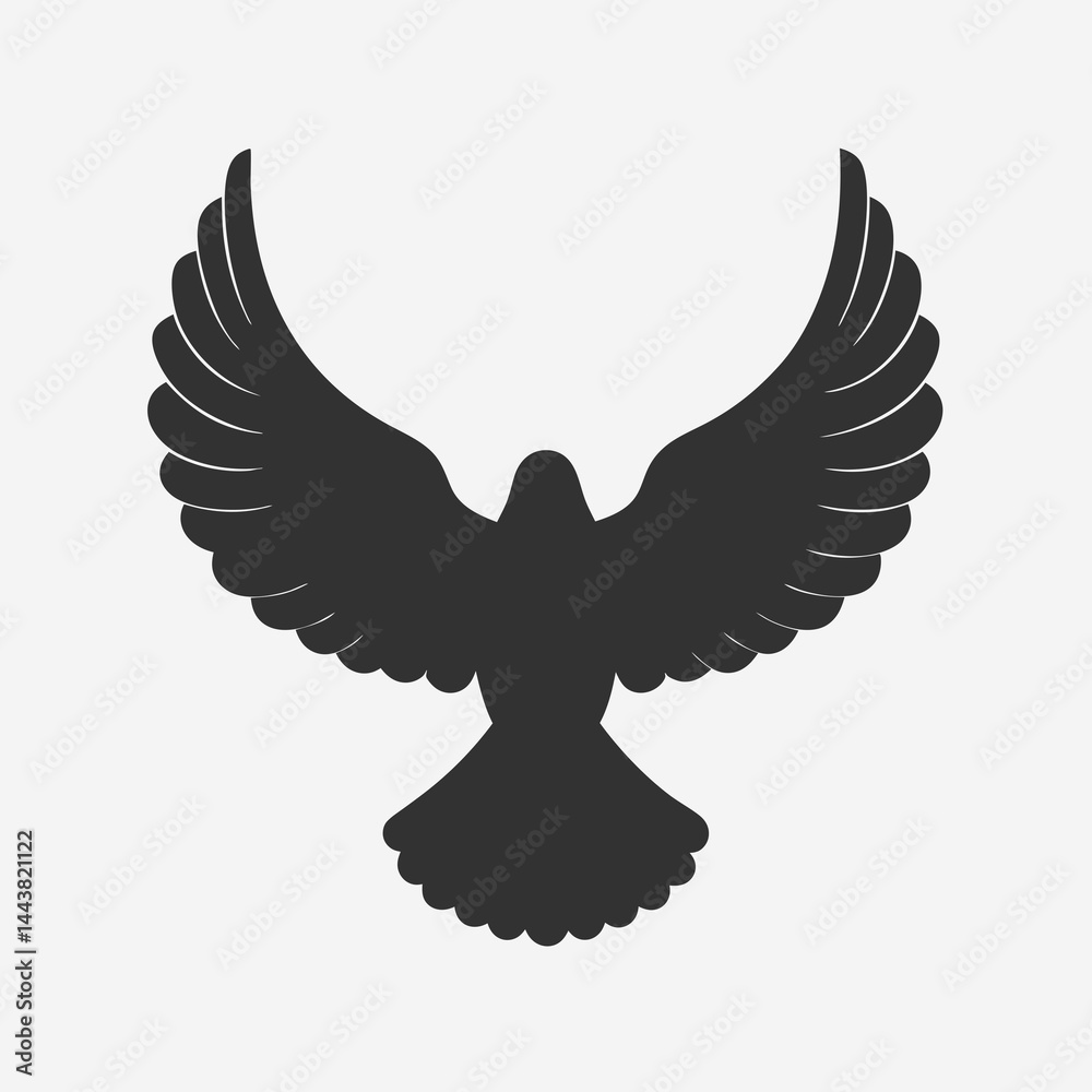 Obraz premium Minimalist vector illustration of a dove in flight with wings fully spread, symmetrical composition, black and white silhouette, symbolizing peace and freedom, bold contrast and clean lines, graphic a