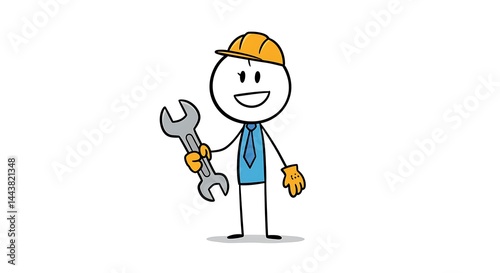 Cheerful stick figure mechanic with wrench and hardhat in playful illustration