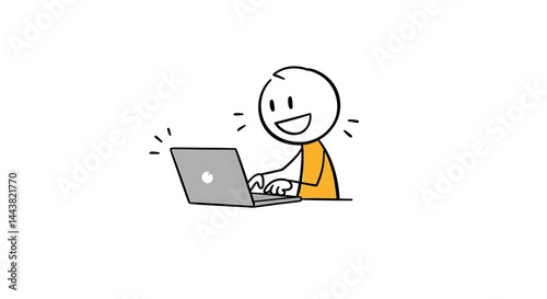Optimistic stick figure diligently typing on a laptop, radiating joy and success