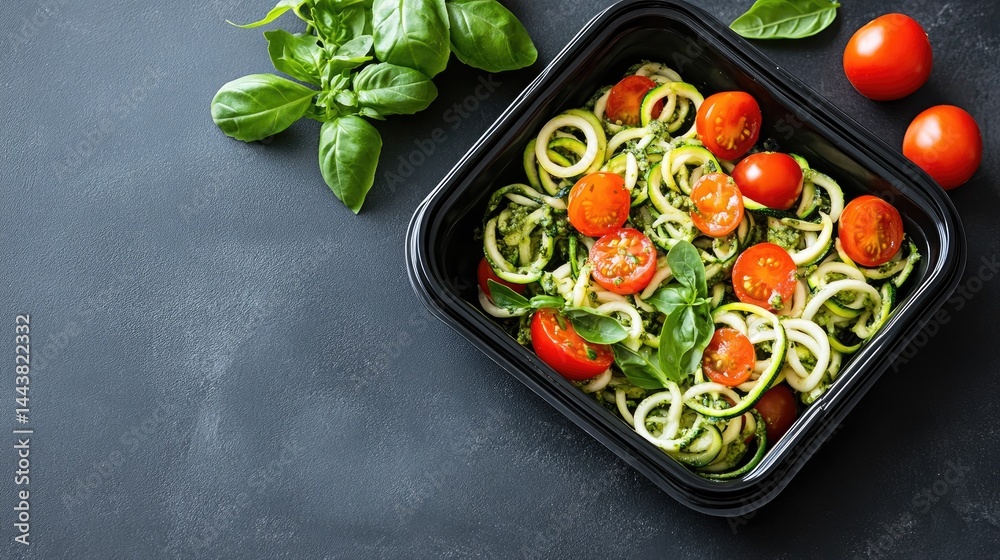 Zucchini noodle salad with tomatoes and basil leaves pesto topped