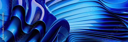 Abstract Blue Fluid Waves with Dynamic Curves in Motion