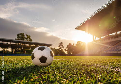 textured soccer game field with soccer ball by sun light. - center, midfield Generated Image