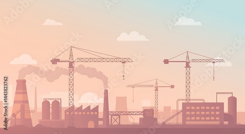 Industrial Scene with Cranes and Chimneys Vector Illustration