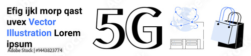 5G label between network globe, shopping bag, and server graphic highlights wireless communication, e-commerce, and data storage. Ideal for technology, telecom, connectivity, internet e-commerce