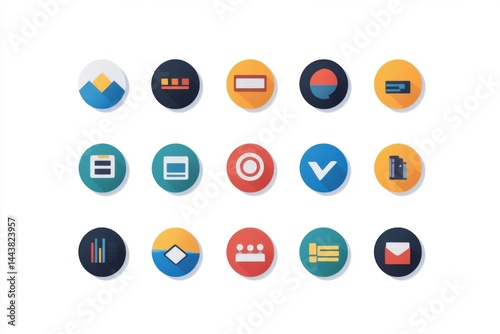 Circular flat UI icons with colored backgrounds and app symbols