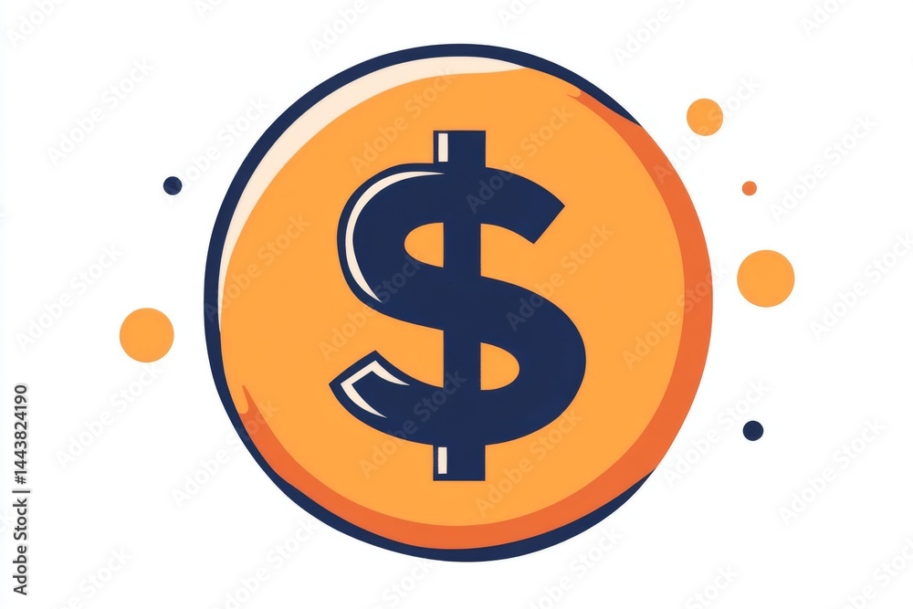 Outlined orange dollar coin with small sparkles and flat shadow