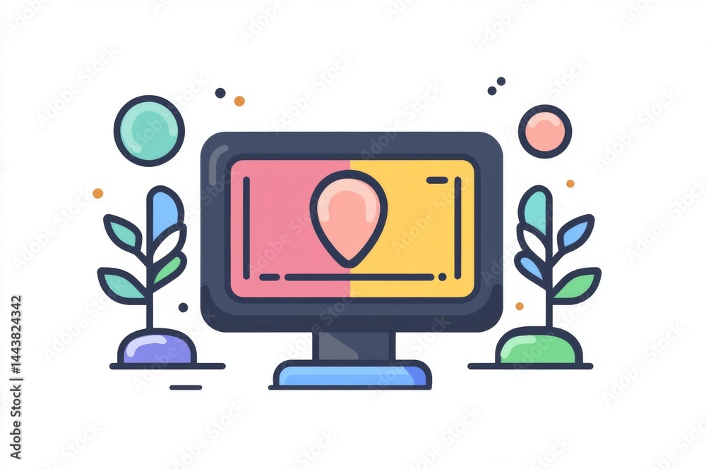 Computer monitor with map pin symbol and abstract interface design