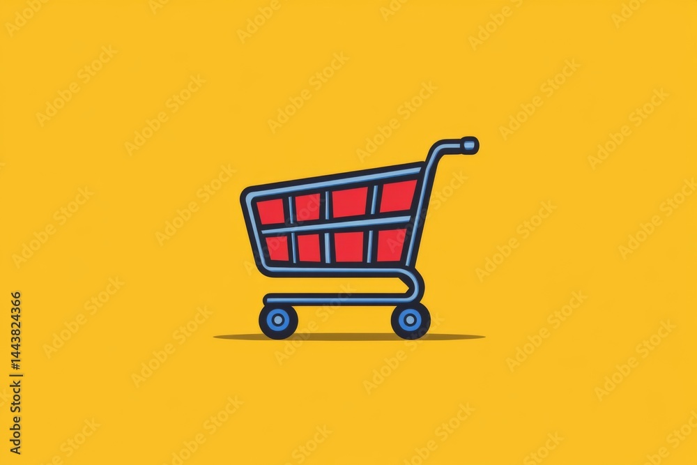 Yellow background with red shopping cart icon and shadow
