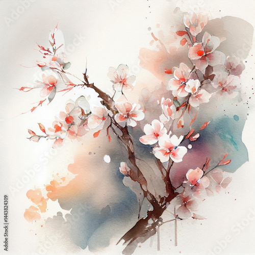 Cherry blossom branch. Pink Sakura. Traditional oriental watercolor painting.