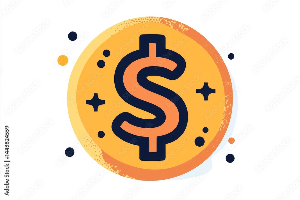 Glossy golden dollar coin icon with sparkles and radial gradient