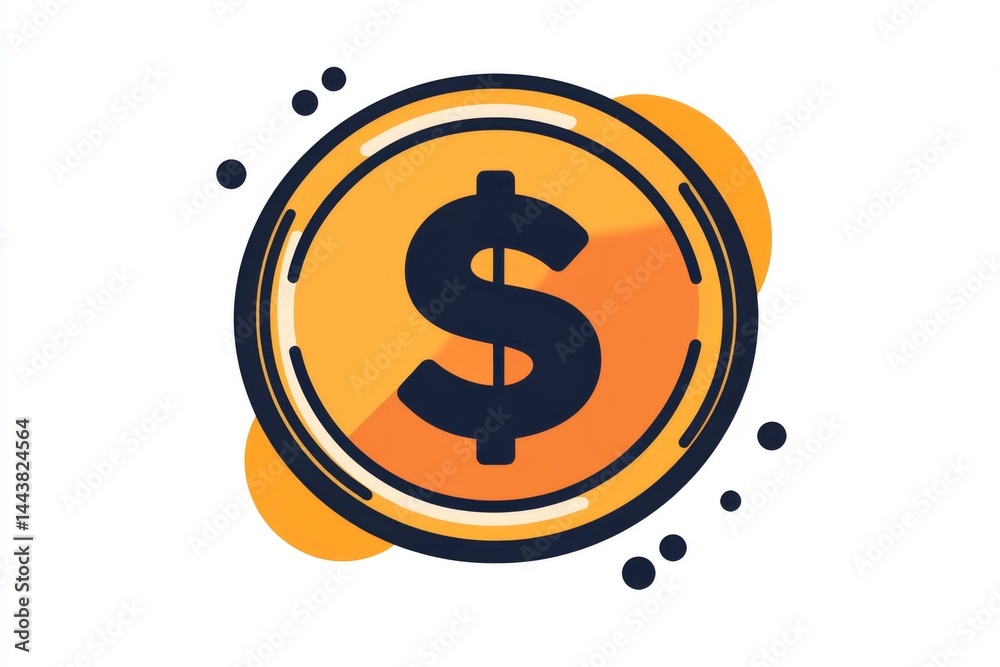 Flat cartoon dollar coin with abstract dotted elements and black outline