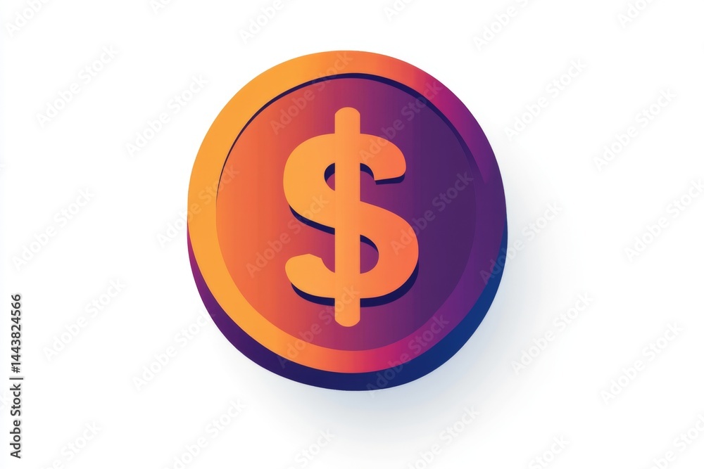 Gradient pink and orange dollar coin with 3D shading on white background