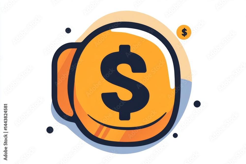 Cartoon coin icon with dark outline and central dollar symbol on orange base