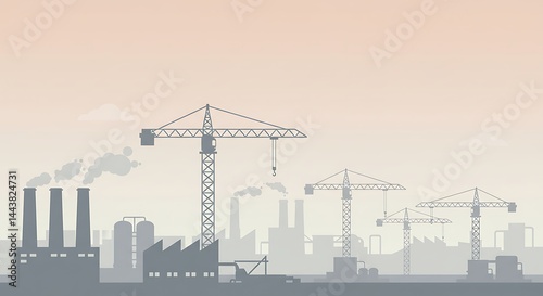 Industrial Skyline Silhouette with Cranes and Smoke