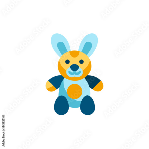 Adorable plush bunny toy in cheerful blue and yellow colors, copy space