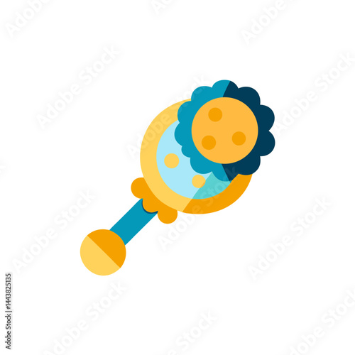 Colorful baby rattle with floral design in cheerful blue and yellow colors, copy space