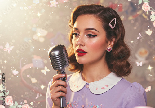 A beautiful young woman with retro curls and vintage makeup sings into a classic microphone, dressed in a lavender outfit with heart-shaped earrings