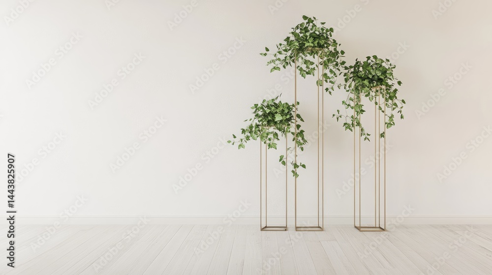 Obraz premium Alternating height plant stands with greenery against a blank wall