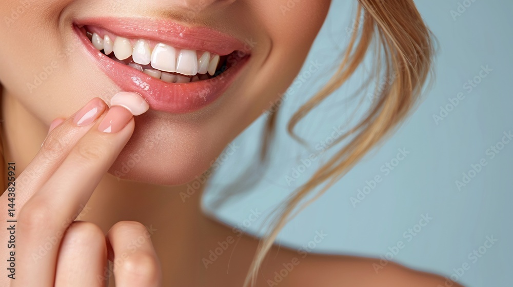 Obraz premium Woman applying lip balm highlighting healthy lips and teeth