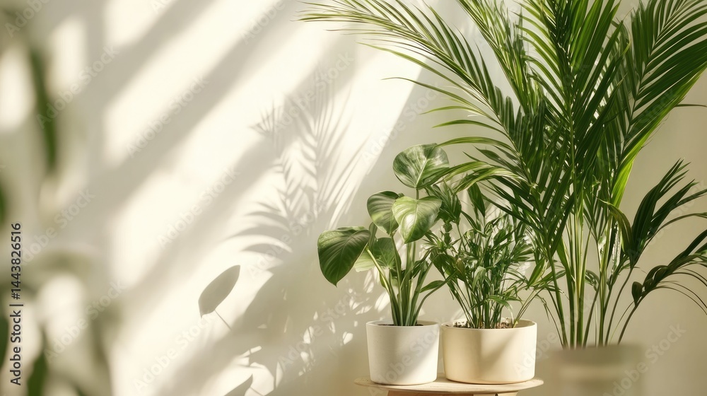 Corner of a bright room with three plants of varying heights Corner of a bright room with three plants of varying heights