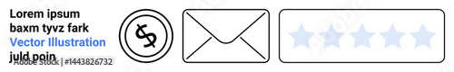 Circular dollar sign, closed envelope, and five-star rating symbols. Ideal for business, communication, feedback, reviews, finance messaging customer satisfaction. Abstract line flat metaphor
