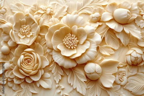 Ornate floral bas-relief design in pastel cream tones.