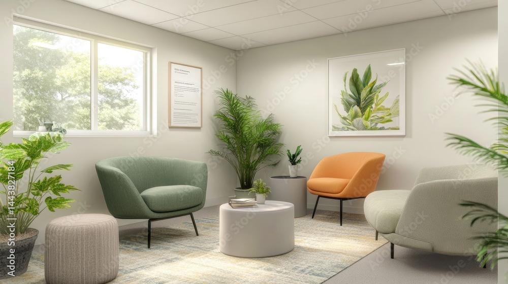 Fototapeta premium Light-colored work zone with soft seating and greenery