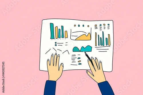 Hand-drawn data analysis on a pink background illustration