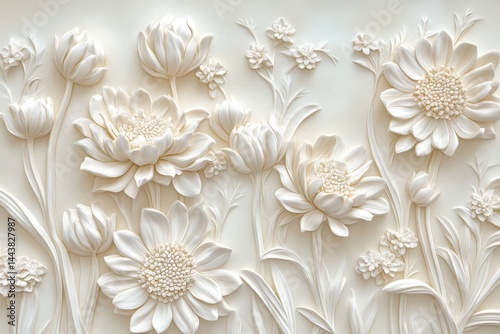 Ornate floral bas-relief design in cream.