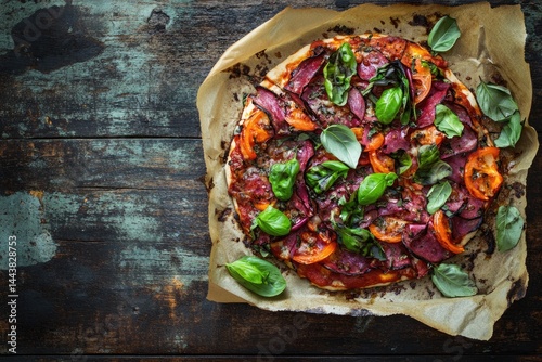 Wallpaper Mural Homemade pizza with fresh herbs and vegetables on a rustic wooden table  Toppings include sliced tomatoes, cured meats, and basil leaves, arranged attractively on a thin crust Torontodigital.ca