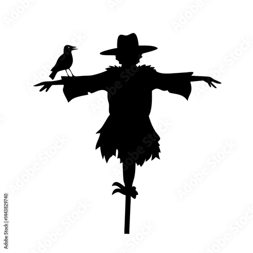 Scarecrow silhouette with crow perched on arm halloween autumn harvest festival vector art
