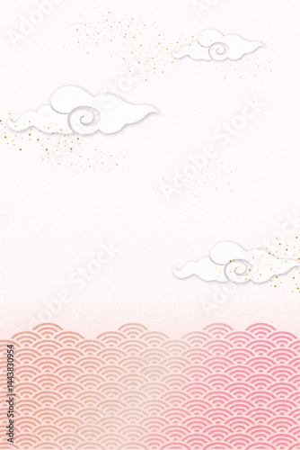ピンクの和風の雲と青海波、金箔の 結婚式おめでたいイラストベクター背景