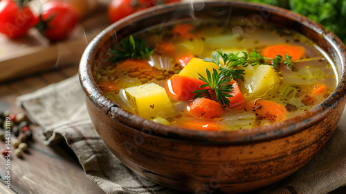 Close up of a wooden bowl filled with vegetable soup garnished with parsley and tomatoes on the side