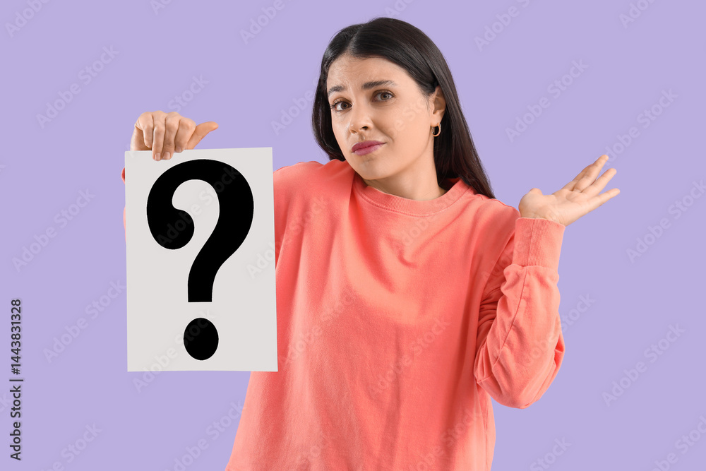Young woman with paper question mark shrugging on lilac background