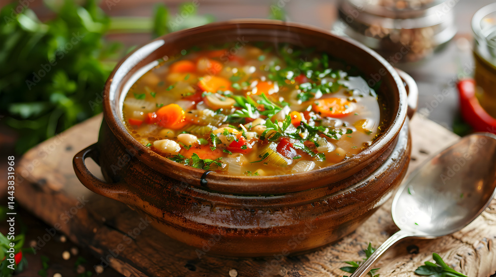 A bowl of vegetable soup with carrots and parsley on a wooden board with a spoon nearby is visible A bowl of vegetable soup with carrots and parsley on a wooden board with a spoon nearby is visible