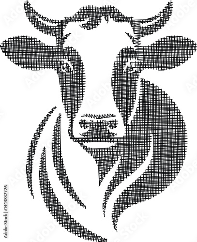 Illustration of a cow's head with artistic line patterns