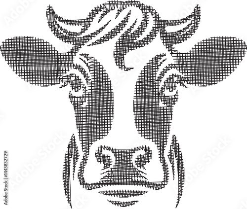 Illustration of a cow's head with artistic line patterns