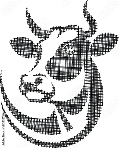 Illustration of a cow's head with artistic line patterns
