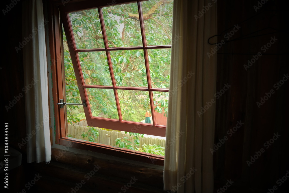 Fototapeta premium Historic window opened up to greenery