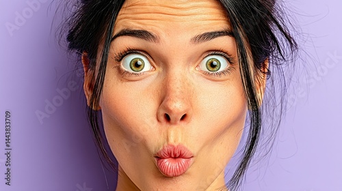 Surprised woman with wide eyes and pursed lips