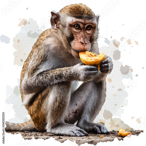 Macaque Eating Fruit, vector watercolor illustration, isolated on a white background.