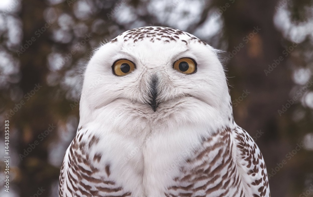 Obraz premium A close-up shot of a snowy owl with its eyes wide open and looking directly at the camera