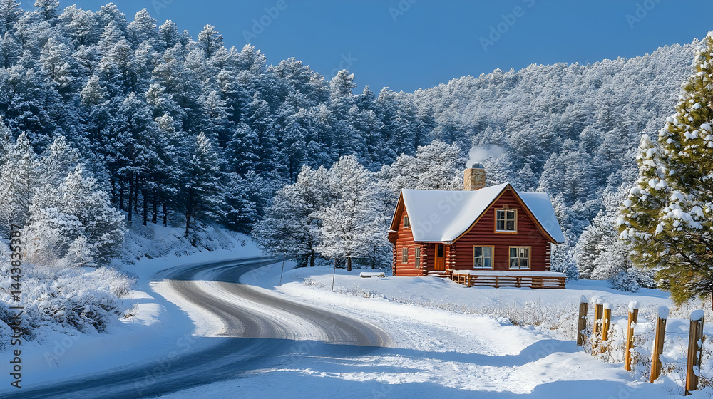 Naklejka premium Red cabin, snowy road, winter forest