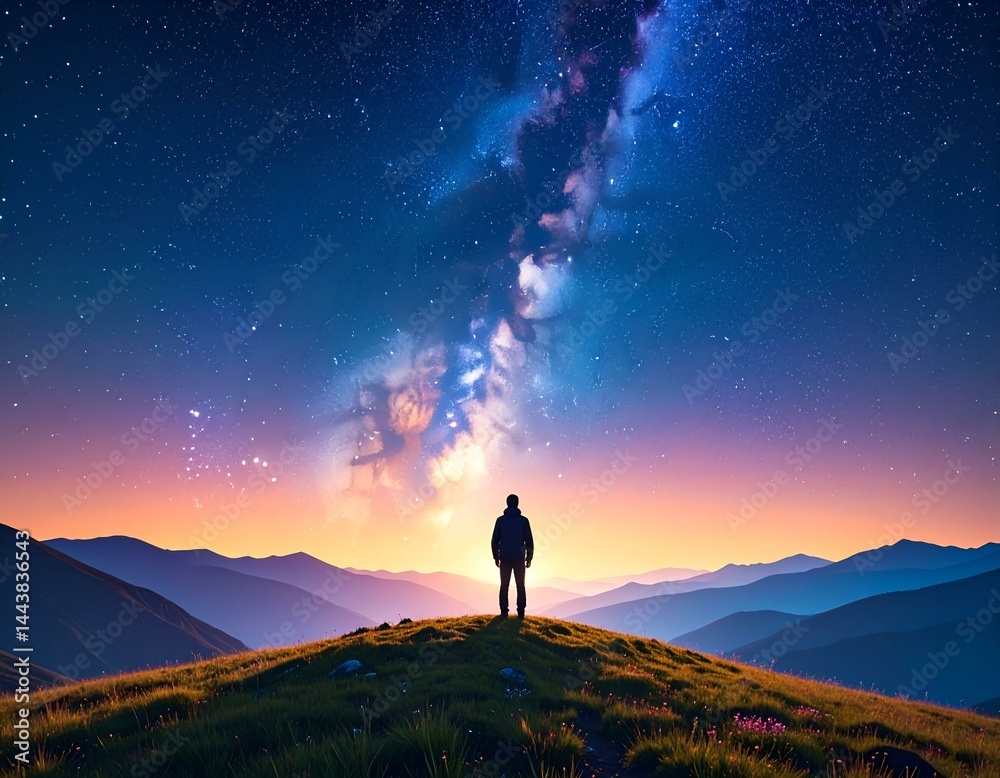 Fototapeta premium Man silhouetted against a breathtaking Milky Way galaxy over majestic mountains at sunset. A sense of awe and wonder.