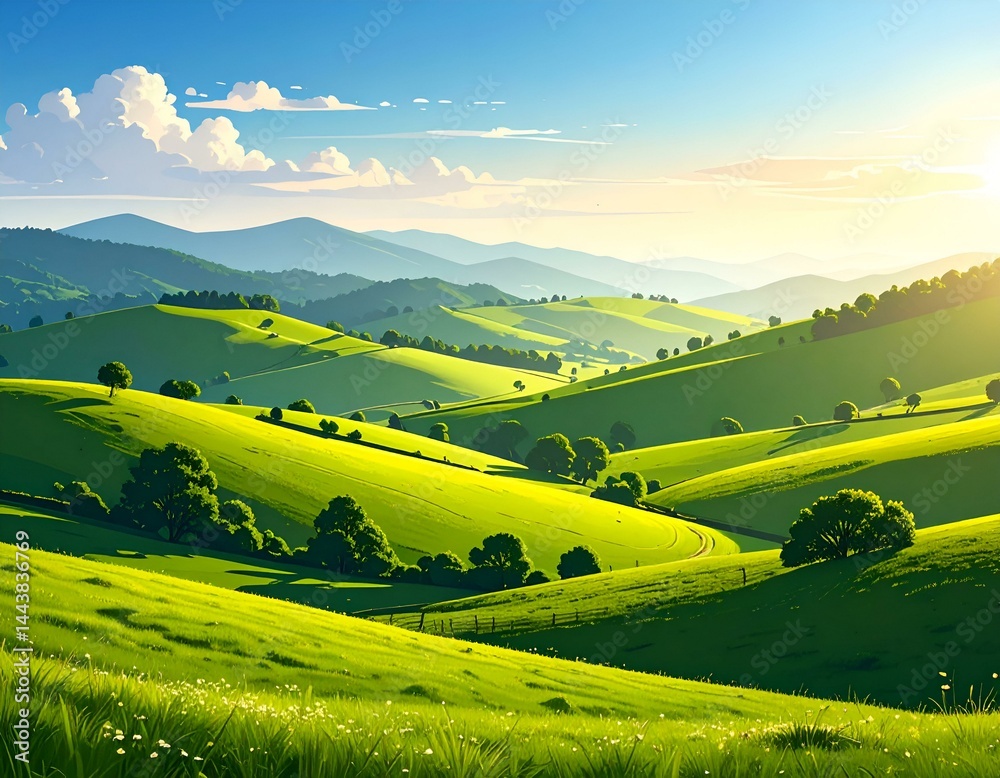 Obraz premium Idyllic sunrise over rolling green hills and valleys. Perfect for nature, travel, and landscape projects.